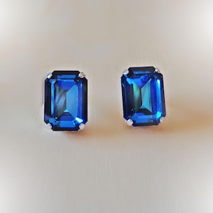 Ohrstecker mit Swarovski-Kristallen, 14 x 10 mm, achteckig, ausgefallener Stein, bermuda blue, rhodiniert versilbert