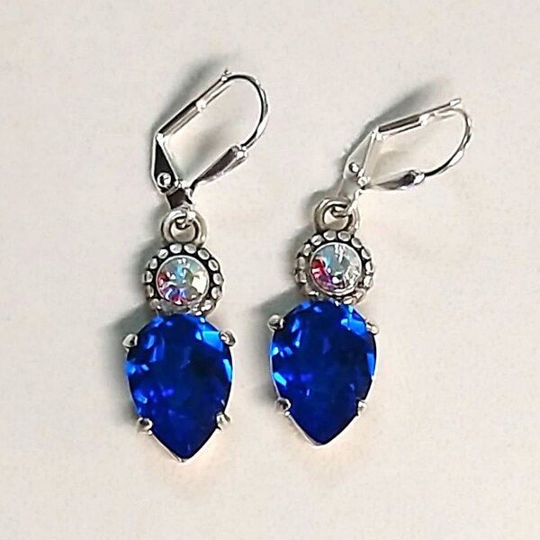 Swarovski crystal 14X10mm pear drop fancy drop leverback earrings Majestic blue and clear crystalAB
