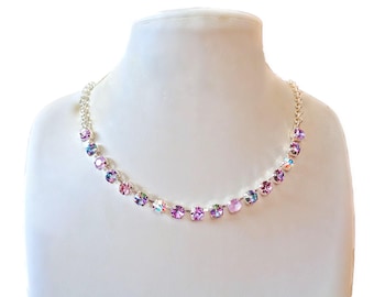 Swarovski crystal necklace sparkling vitrail light and lilac  tones,bright silver plated