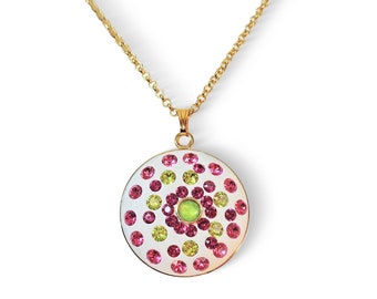 Austrian crystal  round  stone and crystal clay pendant necklace ,fuchsia ,crystal lime