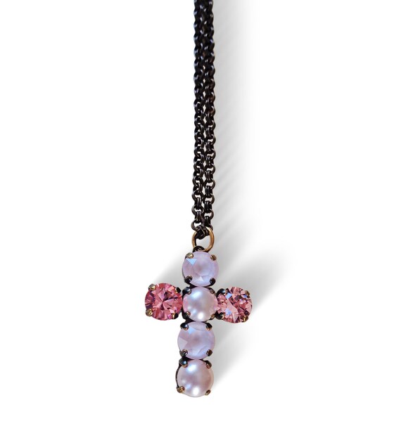 Collier Chaîne Croix Pendentif En Laiton émaillé - Couleurs Rose, Pourpre, Doré, Blanc - 41+5 Cm