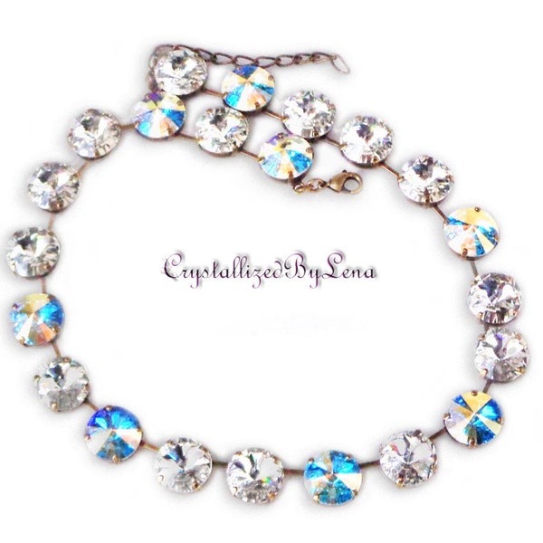 Swarovski crystal 14mm rivoli tennis style choker necklace in clear crystalAB  and clear crystal fancy stones antique brass setting lovely,