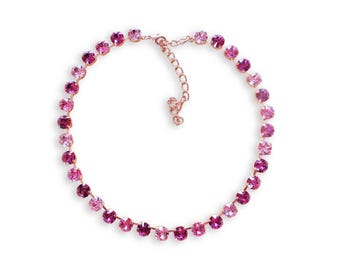 Austrian crystal  fancy stone tennis  necklace,fuchsia,light rose,rose gold