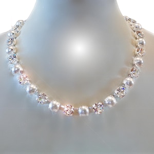 CLEAR GLAMOUR Swarovski crystal  and pearls 8mm tennis style  necklace, clear crystal,white