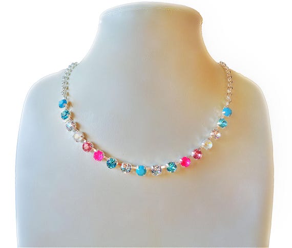 Austrian crystal necklace ,turquoise and white, silver plated