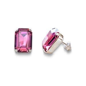 Ohrstecker mit Swarovski-Kristallen, 14 x 10 mm, achteckig, ausgefallener Stein, Dunkle Rose, rhodiniert versilbert