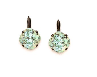 Austrian Crystal  square drop earrings chrysolite green,antique brass