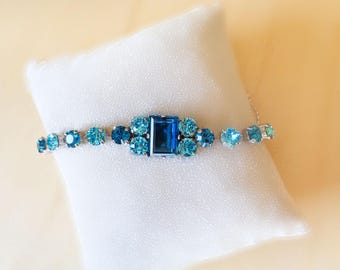 Österreichisches Kristallarmband, blauer Indigolith und heller Türkis, rhodiniertes Silber