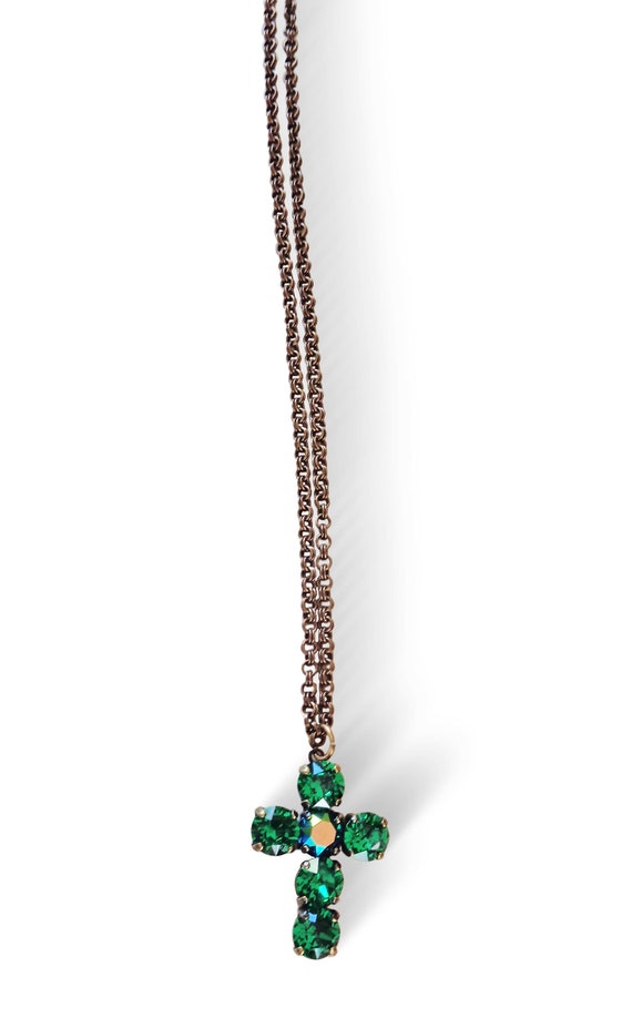 Yienate Collana con ciondolo a forma di croce in cristallo punk, vintage, con pavé di cristalli verdi, collana girocollo con strass scintillanti e croce religiosa, gioielli per donne e ragazze, Zinco