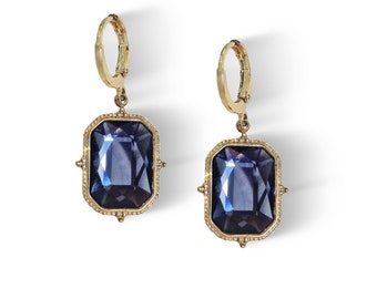 Swarovski crystal emerald cut fancy stone  drop earrings,silver  night,14k gold plated