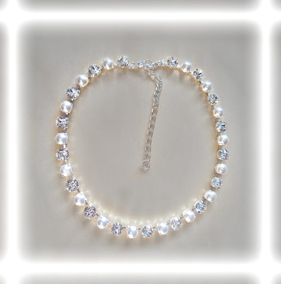 CLEAR GLAMOUR Swarovski Crystal and Pearls Tennis Necklace, Clear