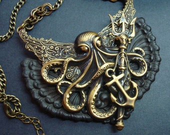 Octopus Steampunk Necklace, Fantasy Winded Creature, Unique, Handmade,  Metal Bonded With Silversmith Technique, NOT Glued Together, USA