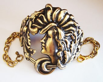 Victorian, Art Deco, Art Nouveau Jewelry, Bracelet Cuff, Handmade, USA Polished Brass and Vintage Chain, NOT Raw Brass