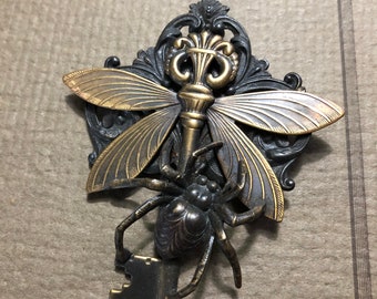 Gothic Key Of Wonder Brooch, Mysterious Winged Key and Dark Creepy Spider. Soldered Together, Not Glued, Custom