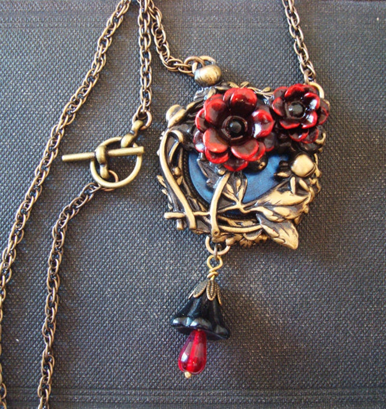 Gothic Blood Rose Necklace, Blood Drop Floral Embellishment Dangle, Metal Bonded Together For Quality Jewelry Component, NOT GLUED, Handmade image 5