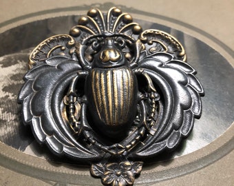 Mystical Scarab Beetle Brooch, Ornate Design, Custom Dark Patina, Soldered, Quality Jewelry Piece