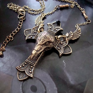 Resurrect, Return to life Winged Raven Necklace, Original Handmade Shock Art Jewelry, Vintage Ox Bronze Ornate Cross image 1