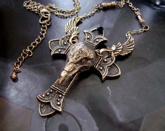 Resurrect, Return to life Winged Raven Necklace, Original Handmade Shock Art Jewelry, Vintage Ox Bronze Ornate Cross