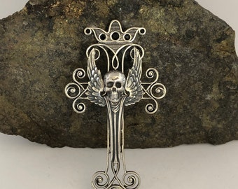 Winged Skull Filigree Metal Cross Pendant, Necklace Supply, Soldered Together, Custom Cross, USA