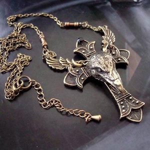 Resurrect, Return to life Winged Raven Necklace, Original Handmade Shock Art Jewelry, Vintage Ox Bronze Ornate Cross