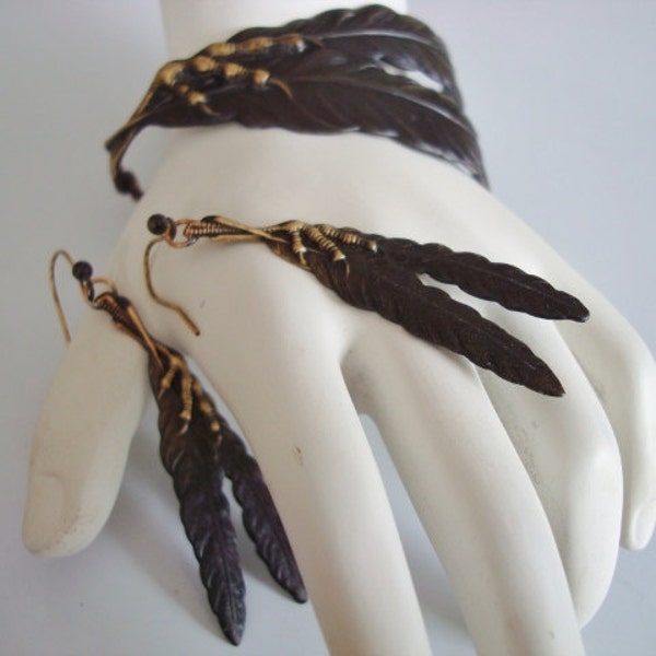 Ravens Claw and Feather, Cuff Bracelet or Earrings, Buy Sperate or Buy the Set, Dark Raven Patina, Great Detailing, Handmade and Very Unique