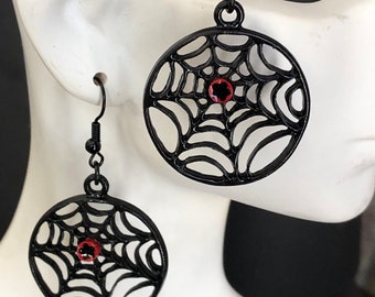 Spider Web Black Earrings With Custom Glass Center, Unique Free Dangles, Great Movement