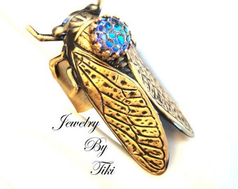 Cicada Bug Ring, Custom Handmade With Iridescent Dragon Skin or Reflective Star Jewel Setting, Cicada Powerful Symbolism Jewelry, Handmade