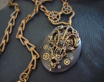 Bird Skull Locket, SteamPunk Gear Head Bird Skull Locket Necklace, A One Of A Kind Custom, Handmade, Real Vintage Clock Gears Hardware