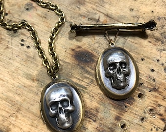 GOTHIC SKULL Locket Necklace, Secret Note Keeper, Handmade, Quality Metal Bond, Great Gift Add Note Inside To Friend or Lover, USA Metals