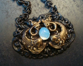 Moonstone, ESSENCE Under The MAGICAL MOONSTONE Necklace, Vintage Decadent Patina, Custom Chainmaile Chain
