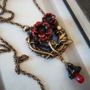 Gothic Blood Rose Necklace, Blood Drop Floral Embellishment Dangle, Metal Bonded Together For Quality Jewelry Component, NOT GLUED, Handmade image 1