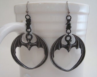 Bat Earrings, Gothic Dark Shadowed Vampire Bat with Vertebra  Earrings, Metal Bone Connector, Exclusive Design, HandMade, USA