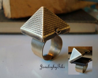 Pharaoh's Tomb Ring, Pyramid Opens For Treasures, Exclusive Handmade, Metal Bonded NOT Glued Together, Adjustable Quality Ring Band, USA