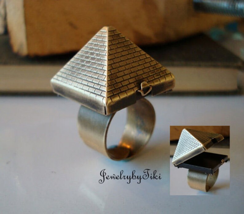 Pharaoh's Tomb Ring, Pyramid Opens For Treasures, Exclusive Handmade, Metal Bonded NOT Glued Together, Adjustable Quality Ring Band, USA image 1