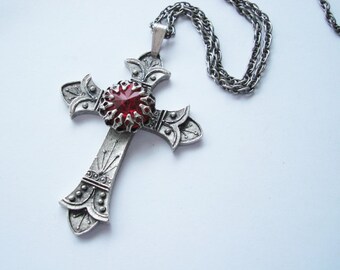 Cross Necklace, Blood Ruby Jewel On Highly Detailed Cross, Custom Necklace, Handmade, USA,  Oxidized Silver Chain