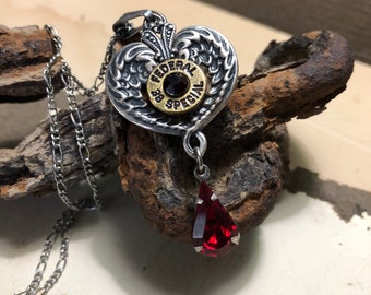 38 Special Heart Necklace, Heart with Blood Drop Dangle. Federal Bullet, Ruby Red Strauss gem.