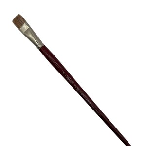 May include: A flat, angled paintbrush with a dark burgundy wooden handle and a silver ferrule. The bristles are light brown. The brush is designed for painting and art projects.