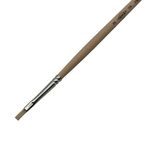 May include: A round-tipped paintbrush with a light wooden handle and a silver ferrule. The brush head is rectangular and made of light-colored bristles. The number "2" is printed on the handle.