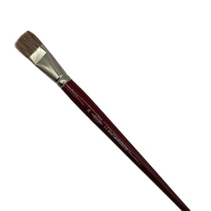 May include: A flat, angled paintbrush with a dark red handle and a silver ferrule. The bristles are a light brown color. The brush is designed for painting and art projects.
