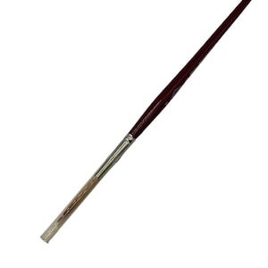 May include: A fine-tipped paintbrush with a long, dark burgundy handle and a silver ferrule. The bristles are light brown and appear to be synthetic. The brush is angled and designed for detailed work, suitable for art projects or model painting.