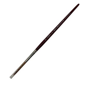 May include: A fine-tipped paintbrush with a dark burgundy wooden handle and a silver ferrule. The bristles are light brown. The brush is angled diagonally against a white background. The brush is designed for detailed painting.