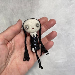 Tiny Wednesday Addams-ish Rag Dolly Gothis Miniature Doll MADE TO ORDER