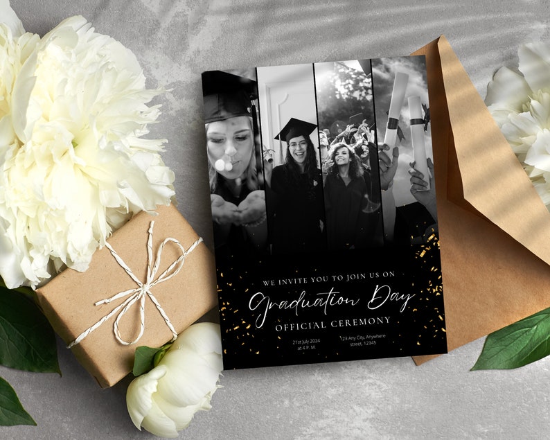 Black Gold Graduation Invitation Card, Photo Collage, Personalized Grad ...