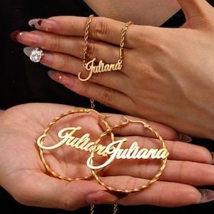 Custom Name Jewelry Set: Gold Name Necklace & Hoop Earrings