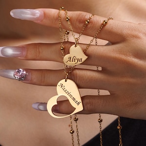 Custom Couple Half Heart Set Name Necklace/Hollow Name Necklace With Heart/Personalized Double Name Heart Pendant Jewelry/Gift for Her
