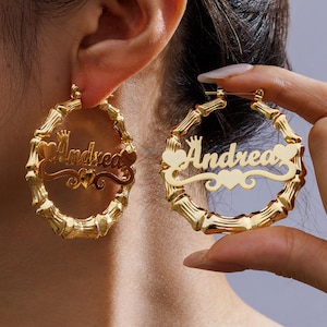 18k Gold Bambus benutzerdefinierte Name Creolen / benutzerdefinierte Bambus Ohrring / große Statement Creolen / personalisierter Namensohrring / Geschenk für Sie