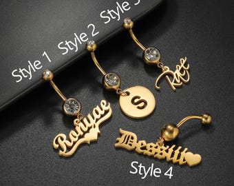 Custom Name Belly Ring: 18K Gold Dangle Navel Jewelry