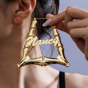 Custom Triangle Bamboo Earrings/Gold Bamboo Name Hoop Earrings/Large Bamboo Hoop Earrings/Personalized Name Earring/Mother's Day Gift