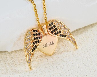 Personalized Angel Wings Necklace: Engraved Message, Gold Zircon Pendant