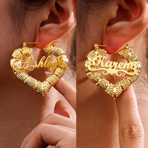 Custom Kids Bamboo Earrings/18K Gold Heart Bamboo Earrings/Personalized Name Hoop Earring/Heart Name Earrings/Nameplate Jewelry/Gift for Her